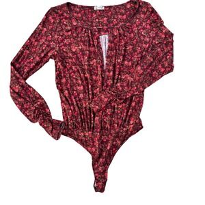 Intimately Free People Floral Gathered Neck Long  Bodysuit Burgundy Pink Small S